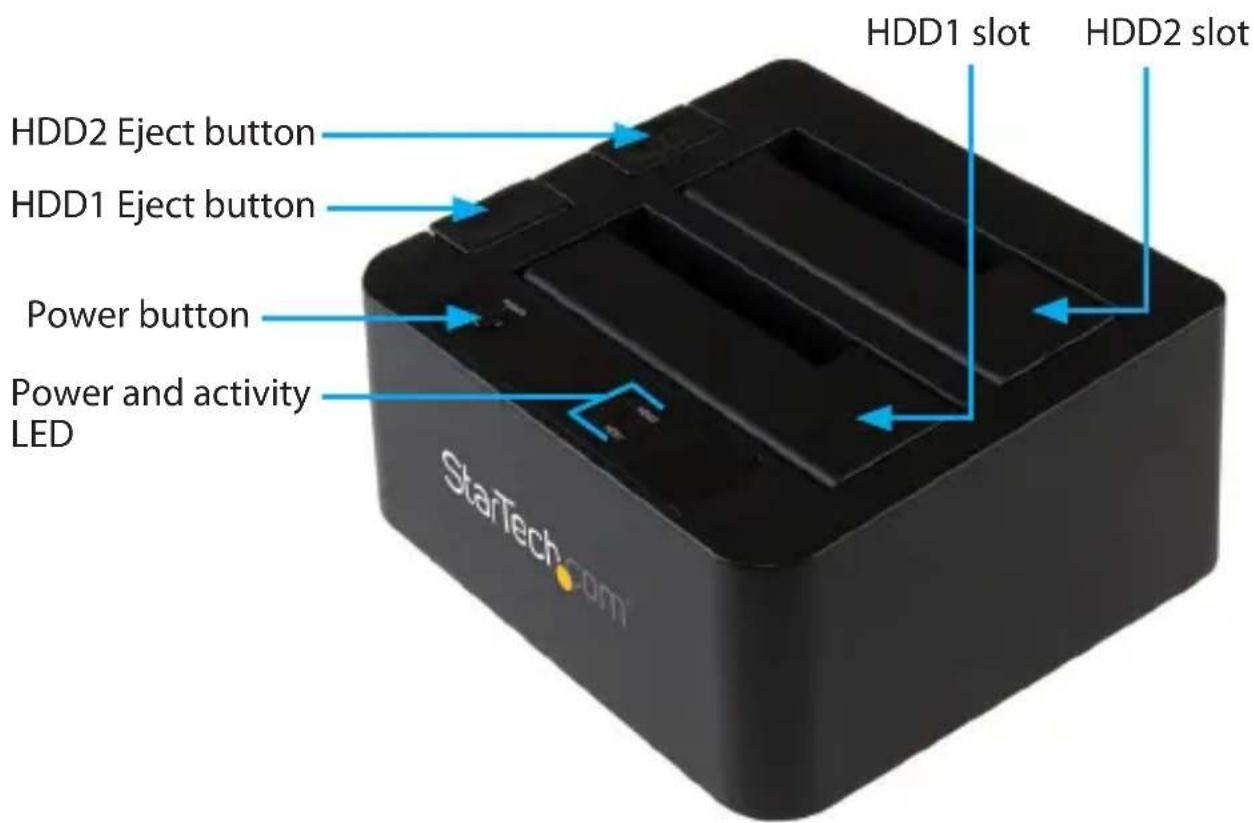 HDD2 Eject button HDD1 Eject button Power button Power and activity LED HDD1 slot HDD2 slot StarTech.com