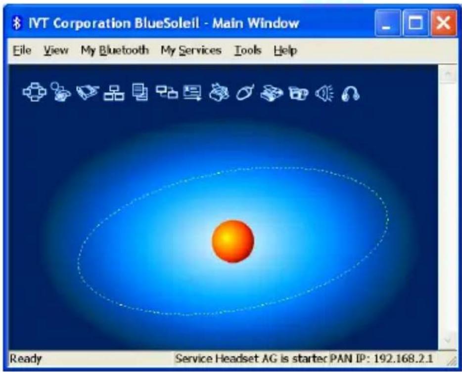 IVT Corporation BlueSoleil - Main Window File View My Bluetooth My Services Tools Help Ready Service Headset AG is starter PAN IP: 192.168.2.1