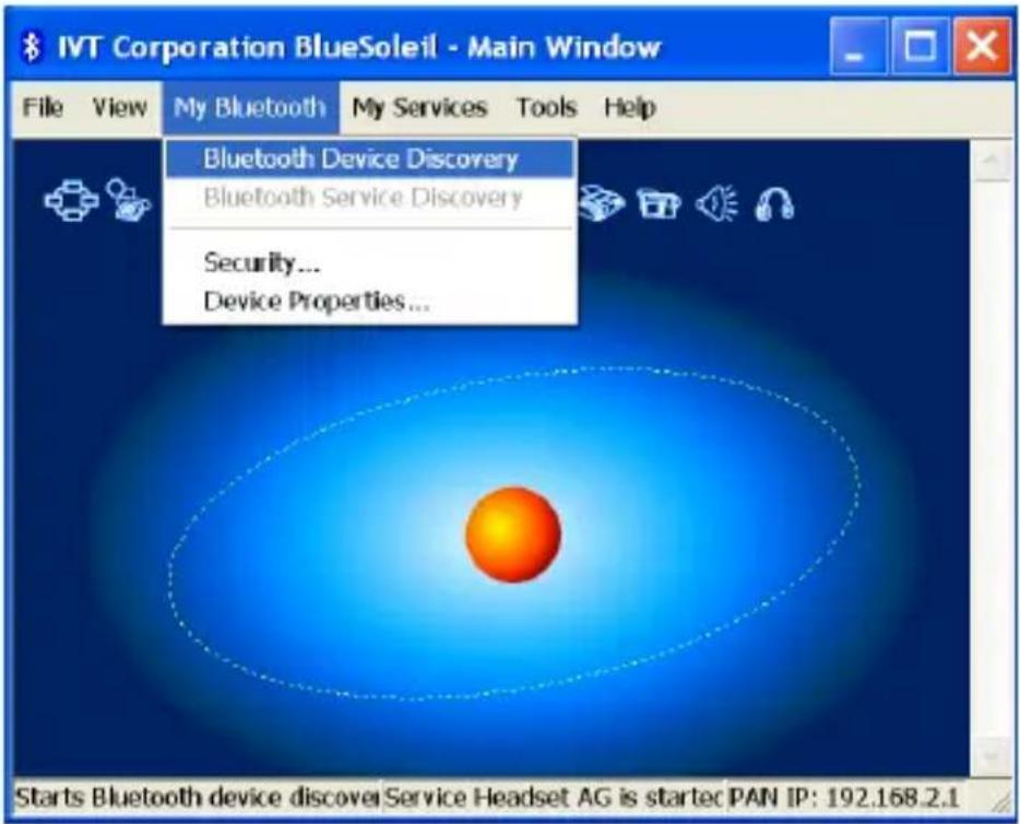 IVT Corporation BlueSoleil - Main Window File View My Bluetooth My Services Tools Help Bluetooth Device Discovery Bluetooth Service Discovery Security... Device Properties... Starts Bluetooth device discover Service Headset AG is starter PAN IP: 192.168.2.1