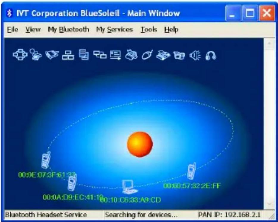 IVT Corporation BlueSoleil - Main Window File View My Bluetooth My Services Tools Help 00:0E 07:3F 61:37 00:0A:D9:EC:41:19 00:10:C6:33:A9:CD 00:00:57:32:2E:FF Bluetooth Headset Service Searching for devices... PAN IP: 192.168.2.1