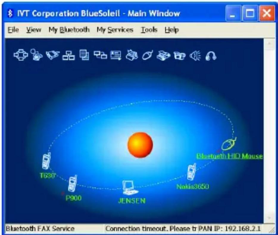 IVT Corporation BlueSoleil - Main Window File View My Bluetooth My Services Tools Help T630° P900 JENSEN Bluetooth HD Mouse Nokia3650 Bluetooth FAX Service Connection timeout. Please tr PAN IP: 192.168.2.1