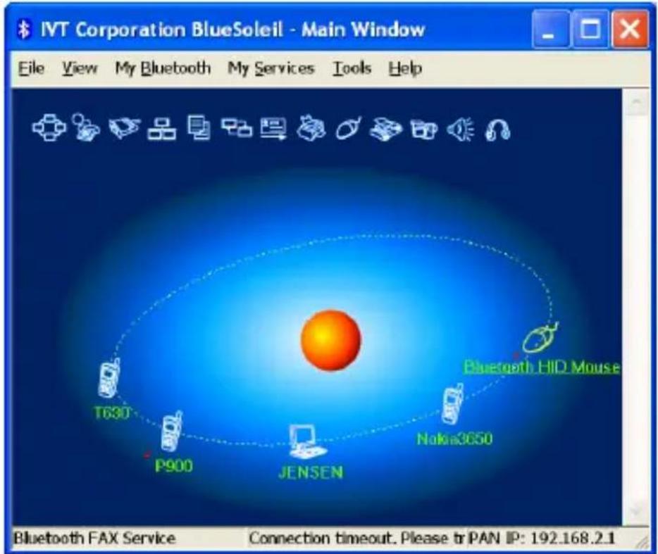 IVT Corporation BlueSoleil - Main Window File View My Bluetooth My Services Tools Help T630 P900 JENSEN Bluetooth HID Mouse Nokia3650 Bluetooth FAX Service Connection timeout. Please tr PAN IP: 192.168.2.1