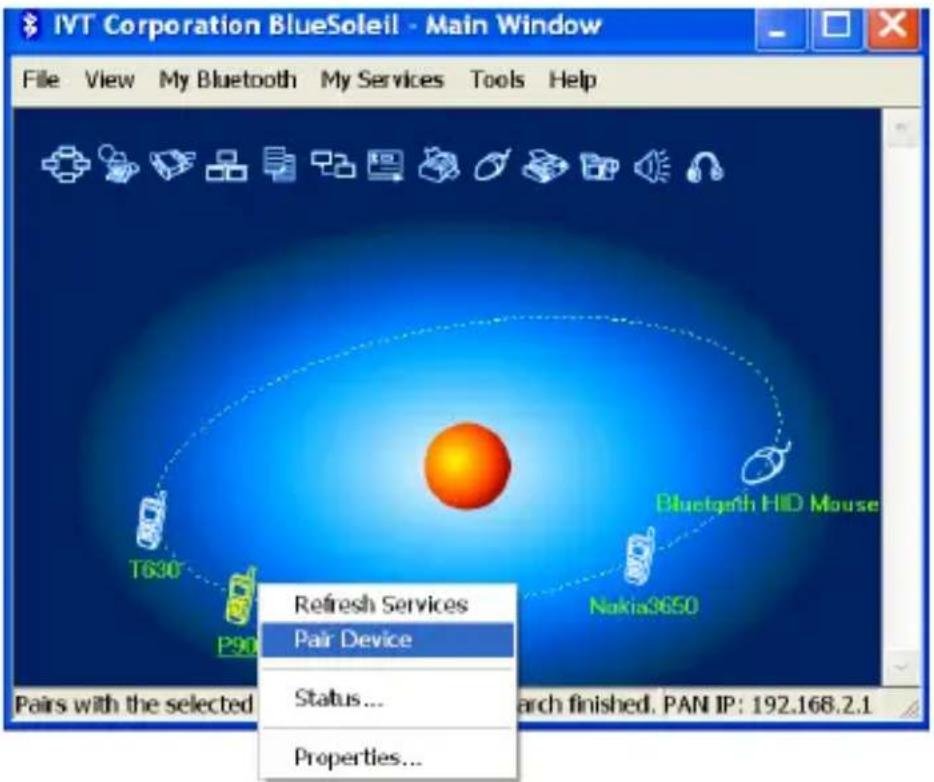 IVT Corporation BlueSoleil - Main Window File View My Bluetooth My Services Tools Help T630 P90 Bluetooth HID Mouse Nokia3650 Refresh Services Pair Device Status... Properties...