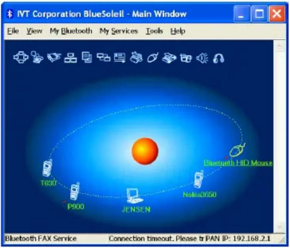 IVT Corporation BlueSoleil - Main Window File View My Bluetooth My Services Tools Help T630 P900 JENSEN Bluetooth HID Mouse Nokia3650 Bluetooth FAX Service Connection timeout. Please tri PAN IP: 192.168.2.1