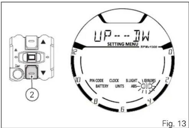 UP --- TW SETTING MENU RPM=1000 2 12 0 10 PIN CODE CLOCK BLIGHT LURORS BATTERY UNITS ABS 8 6 4 Fig. 13