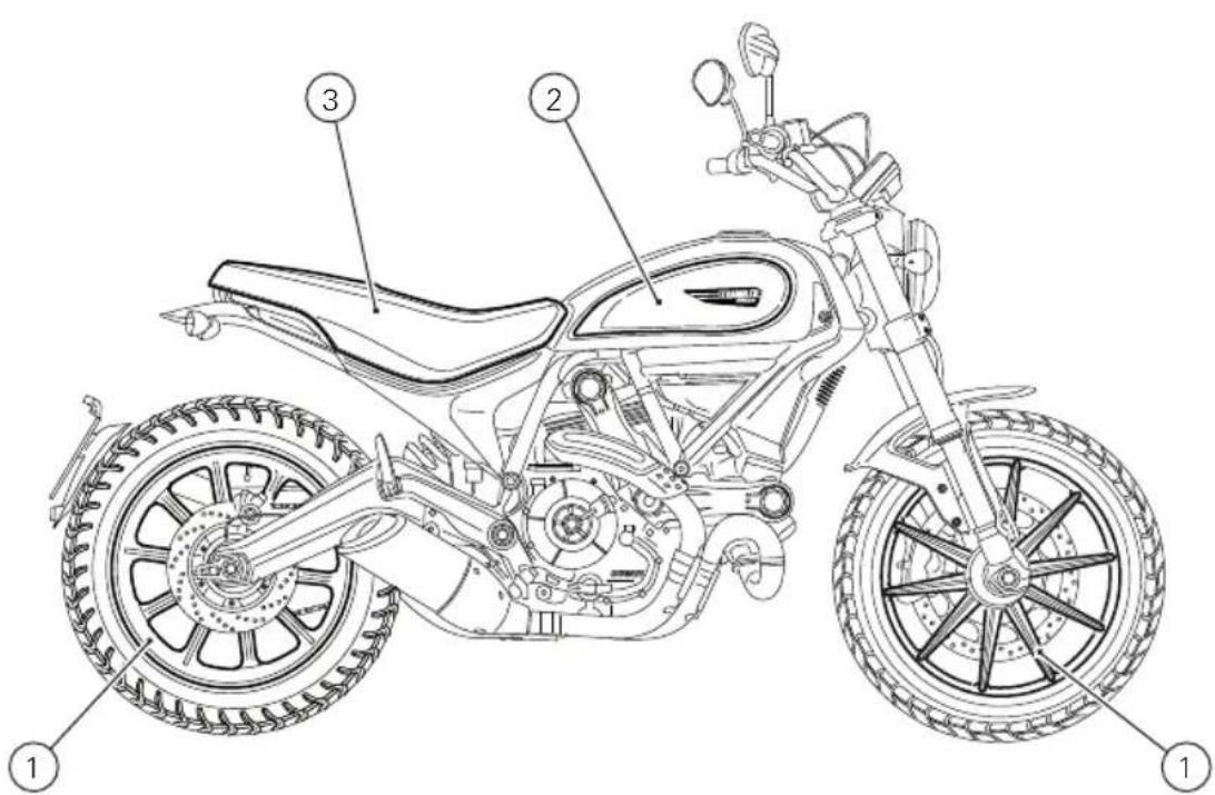 Technical diagram of a motorcycle with numbered parts for identification