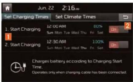Jun. 22 2:16 AM Set Charging Times Set Climate Times 1. Start Charging 12:00 AM 60% On Sun Mon Tue Wed Thu Fri Sat 2. Start Charging 12:30 AM 100% On Sun Mon Tue Wed Thu Fri Sat Charges battery according to Charging Start Time. Operates only when charging cable has been connected.