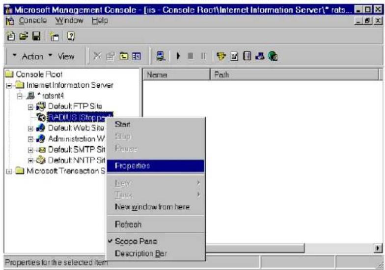 Microsoft Management Console - [iis - Console Root\Internet Information Server\* rats...] Console Window Help Action View Console Root Internet Information Server * ratsnt4 Default FTP Site RADIUS (Stop ps) Default Web Site Administration W Default SMTP Site Default NNTP Site Microsoft Transaction S Name Path Start Stop Focus Properties New Task New window from here Refresh Scope Pane Description Bar Properties for the selected item