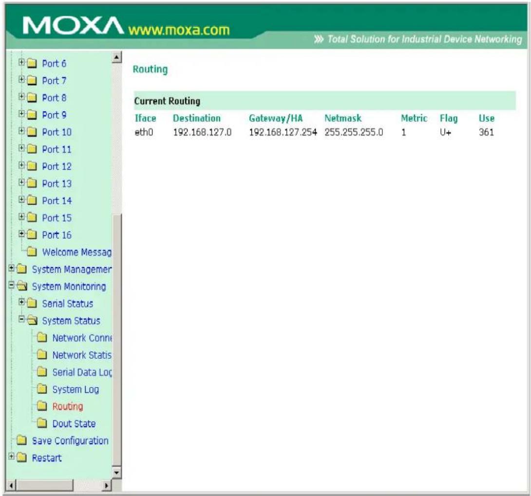 MOXA www.moxa.com Total Solution for Industrial Device Networking Routing Current Routing Iface Destination Gateway/HA Netmask Metric Flag Use eth0 192.168.127.0 192.168.127.254 255.255.255.0 1 U+ 361 System Manager System Monitoring Serial Status System Status Network Conne Network Statis Serial Data Log System Log Routing Dout State Save Configuration Restart