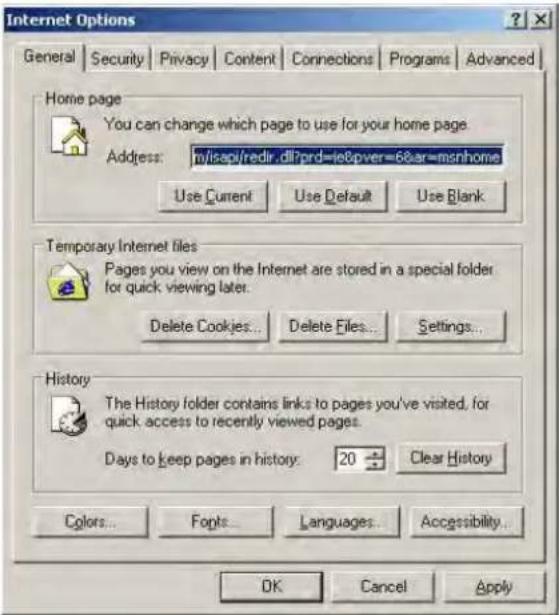 Internet Options General Security Privacy Content Connections Programs Advanced Home page You can change which page to use for your home page. Address: in/isapi/redirect.dll?prd=le8p.ver=68ar=msnhome Use Current Use Default Use Blank Temporary Internet tiles Pages you view on the Internet are stored in a special folder for quick viewing later. Delete Cookies... Delete Files... Settings... History The History folder contains links to pages you've visited, for quick access to recently viewed pages. Days to keep pages in history: 20 Clear History Colors... Fonts... Languages... Accessibility... OK Cancel Apply