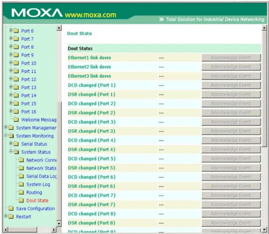 MOXA www.moxa.com Total Solution for Industrial Device Networking Port 6 Port 7 Port 8 Port 9 Port 10 Port 11 Port 12 Port 13 Port 14 Port 15 Port 16 Welcome Messag System Managerer System Monitoring Serial Status System Status Network Conne Network Statis Serial Data Log System Log Routing Dout State Save Configuration Restart Dout State Dout Status Ethernet1 link down --- Acknowledge Event Ethernet2 link down --- Acknowledge Event Ethernet3 link down --- Acknowledge Event DCD changed (Port 1) --- Acknowledge Event DSR changed (Port 1) --- Acknowledge Event DCD changed (Port 2) --- Acknowledge Event DSR changed (Port 2) --- Acknowledge Event DCD changed (Port 3) --- Acknowledge Event DSR changed (Port 3) --- Acknowledge Event DCD changed (Port 4) --- Acknowledge Event DSR changed (Port 4) --- Acknowledge Event DCD changed (Port 5) --- Acknowledge Event DSR changed (Port 5) --- Acknowledge Event DCD changed (Port 6) --- Acknowledge Event DSR changed (Port 6) --- Acknowledge Event DCD changed (Port 7) --- Acknowledge Event DSR changed (Port 7) --- Acknowledge Event DCD changed (Port 8) --- Acknowledge Event DSR changed (Port 8) --- Acknowledge Event DCD changed (Port 9) --- Acknowledge Event