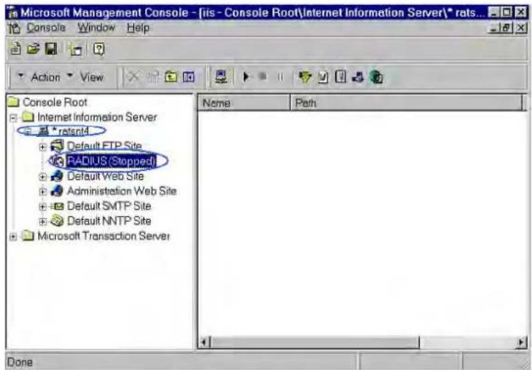 Microsoft Management Console - [iis - Console Root\Internet Information Server\* rats... Console Window Help Action View Console Root Internet Information Server * ratsn4 Default FTP Site RADIUS (Stopped) Default Web Site Administration Web Site Default SMTP Site Default NNTP Site Microsoft Transaction Server Name Path Done