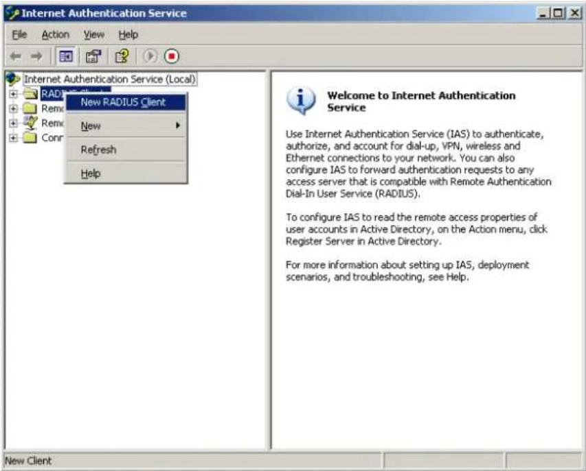 Internet Authentication Service File Action View Help New RADIUS Client New Refresh Help Internet Authentication Service (Local) RADIUS Client New Remove Remove Comp Welcome to Internet Authentication Service Use Internet Authentication Service (IAS) to authenticate, authorize, and account for dial-up, VPN, wireless and Ethernet connections to your network. You can also configure IAS to forward authentication requests to any access server that is compatible with Remote Authentication Dial-In User Service (RADIUS). To configure IAS to read the remote access properties of user accounts in Active Directory, on the Action menu, click Register Server in Active Directory. For more information about setting up IAS, deployment scenarios, and troubleshooting, see Help. New Client