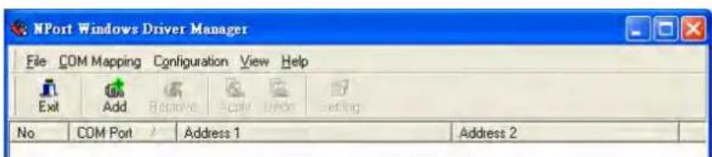 NPort Windows Driver Manager File COM Mapping Configuration View Help Exit Add Remove Apply Undo Setting No COM Port Address 1 Address 2