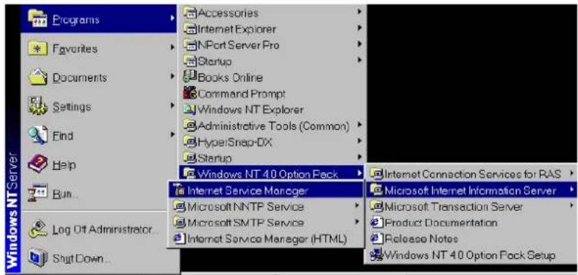 Programs Favorites Documents Settings Find Help Run... Log Off Administrator... Shut Down... Accessories Internet Explorer NPort Server Pro Startup Books Online Command Prompt Windows NT Explorer Administrative Tools (Common) HyperSnap-DX Startup Windows NT 4.0 Option Pack Internet Service Manager Microsoft NNTP Service Microsoft SMTP Service Internet Service Manager (HTML) Internet Connection Services for RAS Microsoft Internet Information Server Microsoft Transaction Server Product Documentation Release Notes Windows NT 4.0 Option Pack Setup