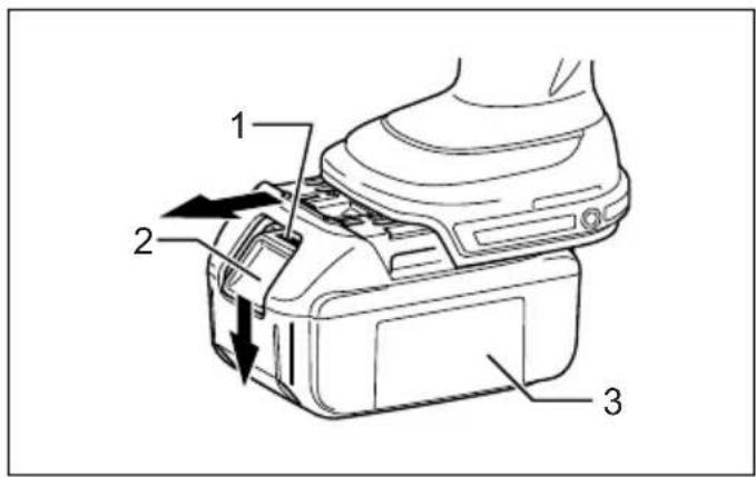 Technical diagram of a device with numbered parts and directional arrows indicating movement or assembly.