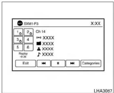 SXM1-P3 X:XX 1 2 Ch 14 3 4 XXXX 5 6 XXXX Replay XXXX -9.36 Exit II Categories LHA3087