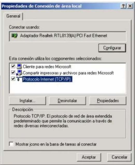 Propiedades de Conexión de área local General Conectar usando: Adaptador Realtek RTL8139(A) PCI Fast Ethernet Configurar Esta conexión utiliza los componentes seleccionados: Cliente para redes Microsoft Compartir impresoras y archivos para redes Microsoft Protocolo Internet (TCP/IP) Instalar... Desi…