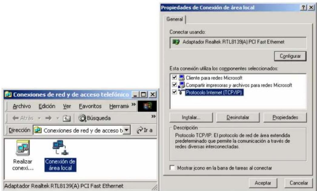 Propiedades de Conexión de área local General Conectar usando: Adaptador Realtek RTL8139(A) PCI Fast Ethernet Configurar Esta conexión utiliza los componentes seleccionados: Cliente para redes Microsoft Compartir impresoras y archivos para redes Microsoft Protocolo Internet (TCP/IP) Instalar... Desi…