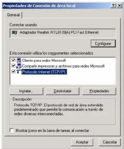 Propiedades de Conexión de área local General Conectar usando: Adaptador Realtek RTL8139(A) PCI Fast Ethernet Configurar Este conexión utiliza los componentes seleccionados: Cliente para redes Microsoft Compartir impresoras y archivos para redes Microsoft Protocolo Internet (TCP/IP) Instalar... Desi…