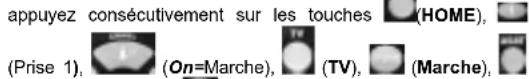 appuyez consécutivement sur les touches (HOME), (Prise 1), (On=Marche), (TV), (Marche),