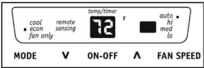 cool remote temp/timer F auto ■ econ sensing 72 hi fan only med lo MODE V ON-OFF ∧ FAN SPEED