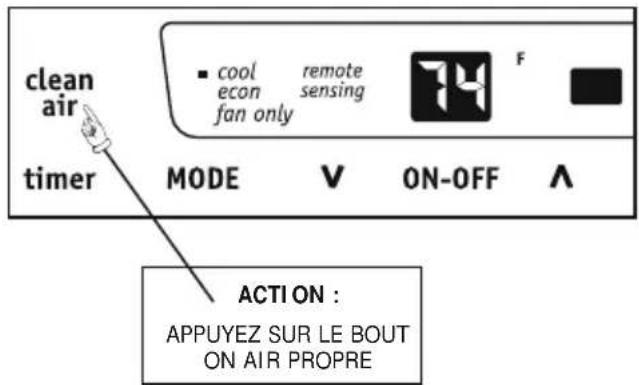 clean air timer ■ cool remote F econ sensing fan only MODE V ON-OFF A ACTION : APPUYEZ SUR LE BOUT ON AIR PROPRES