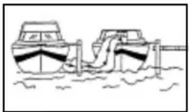 Line drawing of two boats docked at a pier with a pipe, no text or symbols present