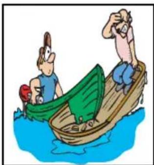 Cartoon illustration of two people in a boat on water, one standing and one sitting, with no visible text or symbols.
