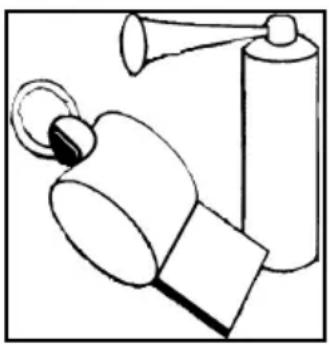 Simple line drawing of a spray bottle, a ring, and a cube (no text or symbols)