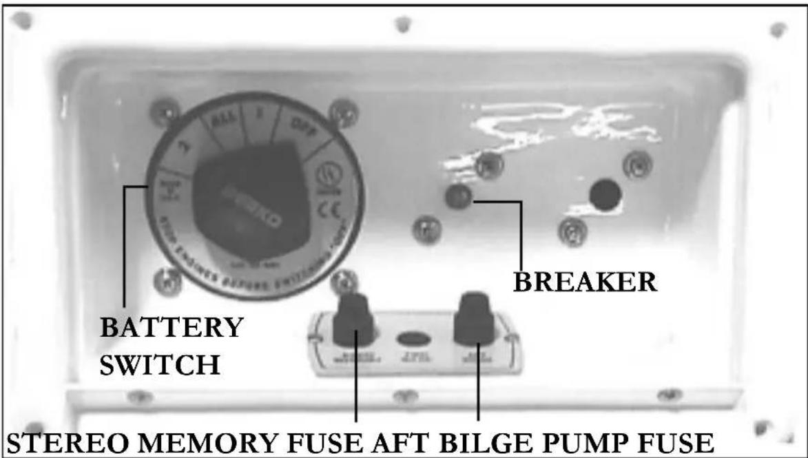 BATTERY SWITCH BREAKER STEREO MEMORY FUSE AFT BILGE PUMP FUSE