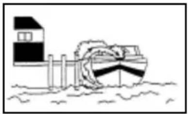Simple line drawing of a boat near a fence with a house in the background (no text or symbols)