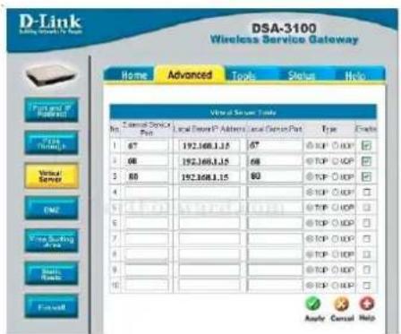 D-Link DSA-3100 Wireless Service Gateway Home Advanced Tools Status Help Form you for Readout Free Through Virtual Server ONE Vine Setting Area Mail Radio Fosell Virtual Server Tools No. Custom Device Port Local Design Port Address Local Design Port Type Create 1 67 192.368.1.15 67 TCP TCP 2 68 192.…