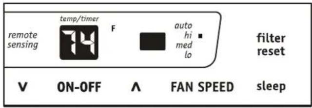 remote sensing temp/timer F auto hi med lo filter reset V ON-OFF ∧ FAN SPEED sleep