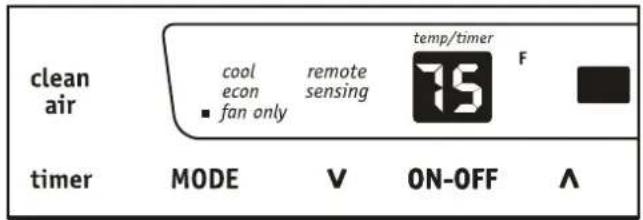 clean air cool econ ■ fan only remote sensing temp/timer 75 F timer MODE V ON-OFF Λ
