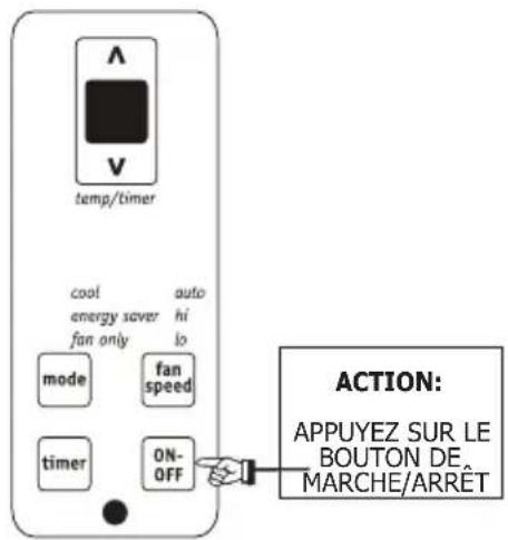 temp/timer cool auto energy saver hi fan only lo mode fan speed timer ON- OFF ACTION: APPUYEZ SUR LE BOUTON DE. MARCHE/ARRÊT