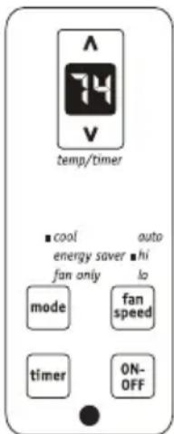 temp/timer cool auto energy saver hi fan only lo mode fan speed timer ON-OFF