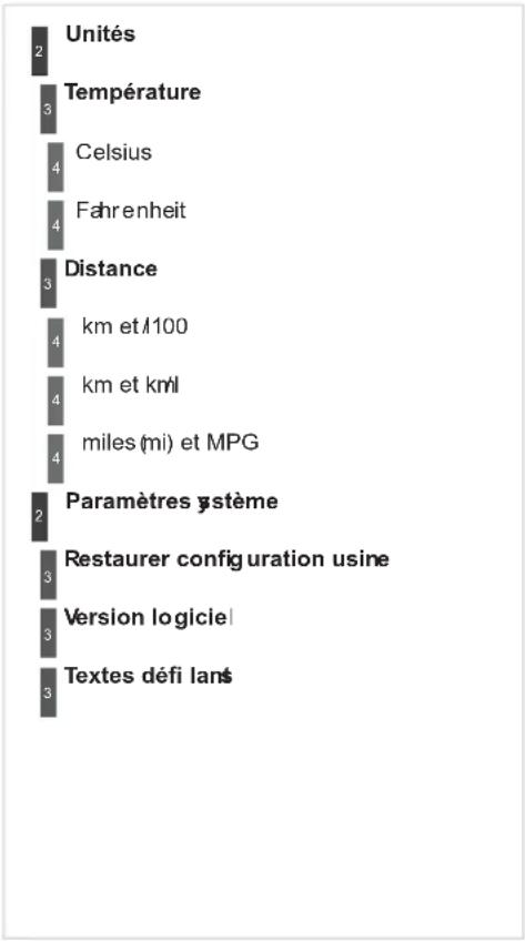 Unités Température Celsius Fahrenheit Distance km et 100 km et kmil miles (mi) et MPG Paramètres ystème Restaurer configuration usine Version logiciel Textes défi lans