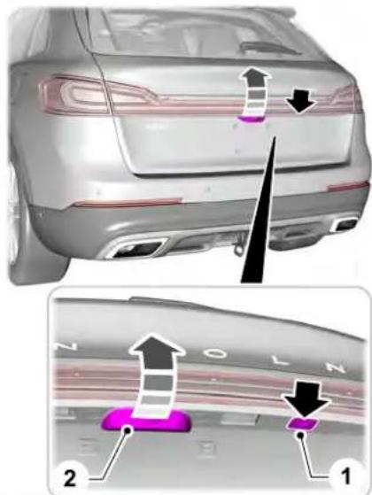 Technical diagram showing car rear bumper and rear-mounted sensor placement with labeled components 1 and 2