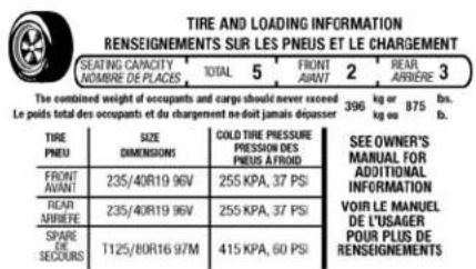 TIRE AND LOADING INFORMATION RENSEIGNEMENTS SUR LES PNEUS ET LE CHARGEMENT SEATING CAPACITY TOTAL 5 FRONT 2 REAR 3 NOMBRE DE PLACES AIVANT AVANT ARBIERE The combined weight of occupants and cargo should never exceed 396 kg or 875 lbs. Le poids total des occupants et du chargement ne doit jamais dépuissant 8 kg ou b. TIRE SIZE COLD TIRE PRESSURE SEE OWNER'S PNEU DIMENSIONS PRESSION DES PNEUS AFROID MANUAL FOR FRONT 235/40R19 96V 255 KPA, 37 PSI ADDITIONAL AVANT AVANT AVANT AVANT AVANT AVANT AVANT AVANT AVANT AVANT AVANT AVANT AVANT AVANT AVANT AVANT AVANT AVANT AVANT AVANT AVANT AVANT AVANT AVANT AVANT AVANT AVANT AVANT AVANT AVANT AVANT AVANT AVANT AVANT AVANT AVANT AVANT AVANT AVANT AVANT AVANT AVANT AVANT AVANT AVANT AVANT AVANT AVANT AVANT AVANT AVANT REAR 235/40R19 96V 255 KPA, 37 PSI ADDITIONAL ARRIÈREE 235/40R19 96V 255 KPA, 37 PSI ADDITIONAL SPARE 1125/80R16 97M 415 KPA, 60 PSI ADDITIONAL DE SECOURS POUR PLUS DE RENSEIGNEMENTS