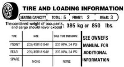 TIRE AND LOADING INFORMATION SEATING CAPACITY TOTAL: 5 FRONT: 2 REAR: 3 The combined weight of occupants. and cargo should never exceed 385 kg or 850 lbs. TIME SIZE COLD TIME PRESSURE SEE OWNERS FRONT 235/45R18 94V 235 KPA, 34 PSI MANUAL FOR REAR 235/45R18 94V 235 KPA, 34 PSI ADDITIONAL SPARE NONE NONE INFORMATION