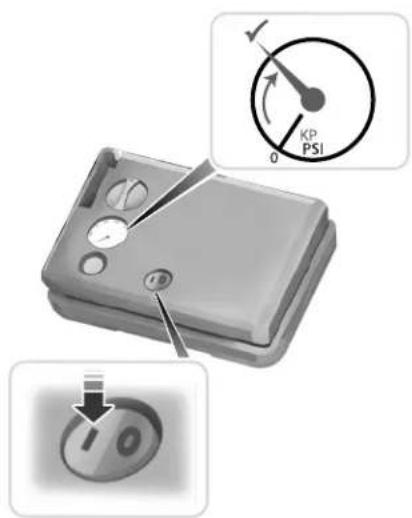 Diagram showing a device with labeled components including a dial indicator and a circular gauge, plus a close-up of the dial.