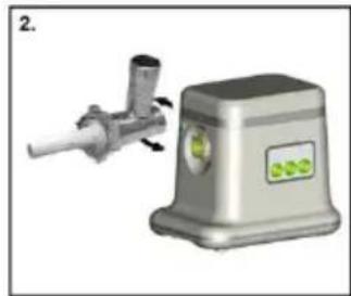Illustration of a manual hand mixer device with rotating ports and control panel.