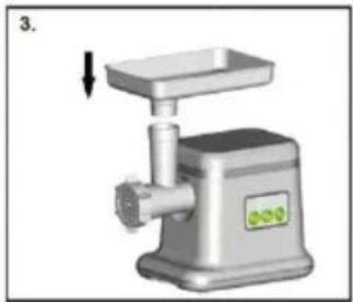3D rendering of a stainless steel meat maker with a downward arrow indicating force or movement. No text or symbols.