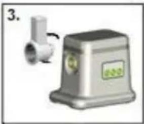 Illustration of a stainless steel industrial machine with a pipe fitting and label.