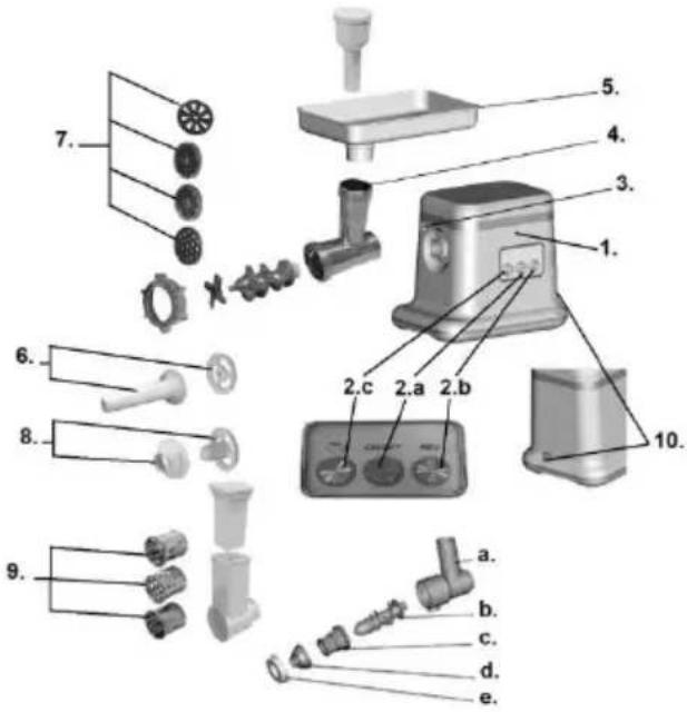 Exploded view diagram of a kitchen appliance with numbered parts for identification.