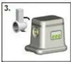 Illustration of a stainless steel kitchen grater with a pipe fitting and a digital display (no text or symbols).