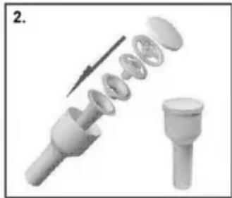 Exploded view of a mechanical component showing internal parts and a separate cylindrical part (no text or symbols visible)
