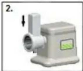 3D rendered image of a mechanical device with a pipe fitting and a label (no readable text or symbols)