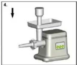 Illustration of a manual kitchen tool with a labeled component and directional arrow.